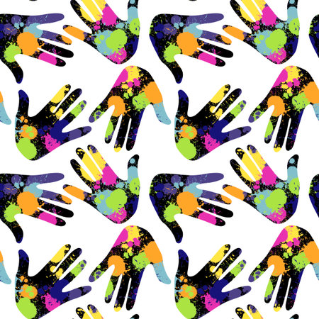 Handprint seamless team work pattern for school and fabrics and kids and hobbies and wrapping paper and notebooks and clothes print. High quality illustrationの写真素材