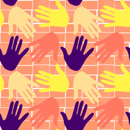 Handprint seamless team work pattern for school and fabrics and kids and hobbies and wrapping paper and notebooks and clothes print. High quality illustrationの写真素材