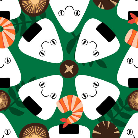Japanese food onigiri seamless cartoon kawaii rice ball pattern for wrapping and kids clothes and menu and fabricsの写真素材