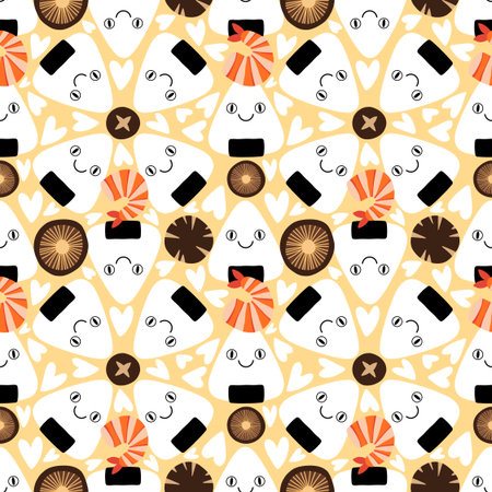 Japanese food onigiri seamless cartoon kawaii rice ball pattern for wrapping and kids clothes and menu and fabricsの写真素材