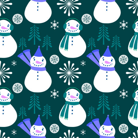 Christmas cartoon ice seamless snowman pattern for wrapping paper and fabrics and lines and kids...