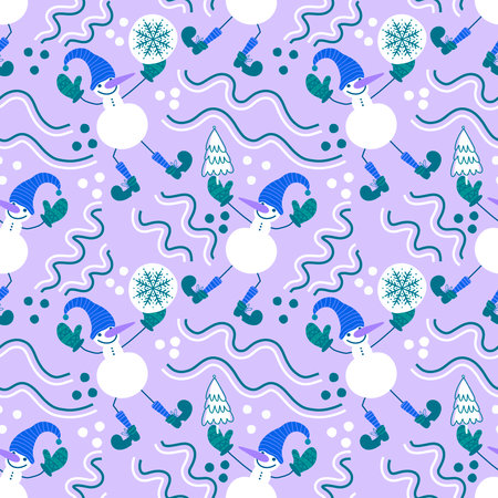 Christmas cartoon ice seamless snowman pattern for wrapping paper and fabrics and lines and kids...