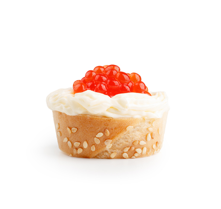 Sandwich with red caviar isolated on white background.の写真素材