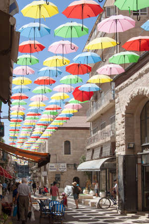 Jerusalem, Israel - July 7 2018: Umbrella street during summer timeのeditorial素材