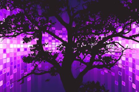 Wood and technology. Black wood silhouette on a bright pink purple background.の写真素材