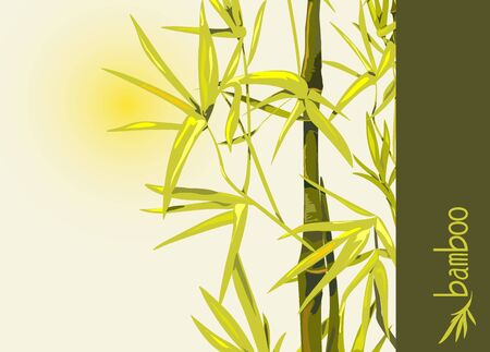 Vector isolated bamboo with leaves and branches on a background of the sun. Illustration in Chinese and Japanese style in traditional colors and unique fontのイラスト素材
