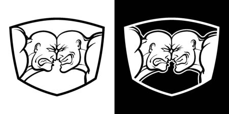 Confrontation of two parties, vs. Rage and anger on faces, against each other. Vector black and white isolated bright badge for conflict, sport, manifesto, bikot, protesters and rivalsのイラスト素材