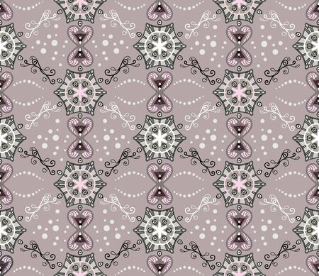 Romantic geometric abstract pattern. Seamless vector with various gray, pink and burgundy elements on purple background. For textiles, fashionable prints, upholstered furniture, wallpaper, tileのイラスト素材