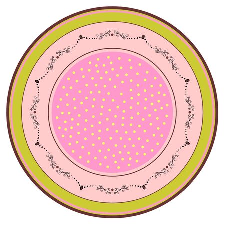 Cute colorful circular abstract pattern. Plate with stripes and patterns. Vector with various pink, burgundy and black elements on green and pink background. For porcelain, exquisite kitchenwareのイラスト素材