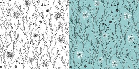 Vector. Seamless gentle, linear, spring, summer, isolated double pattern on a white and blue background. Trend and floral elements for the design of textiles, wallpaper, cardsのイラスト素材