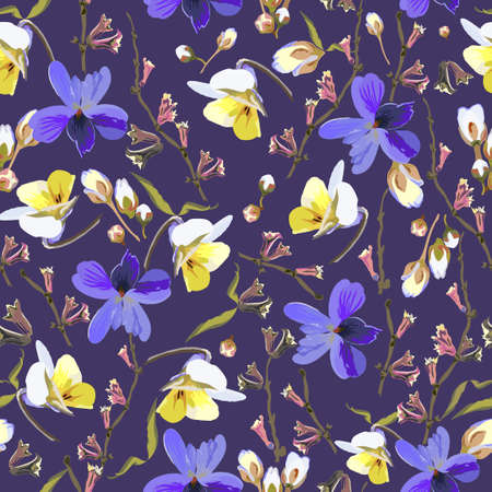 Floral abstract seamless vector isolated pattern. Trendy organic art style on a dark background. Spring, summer field plants for the design of backgrounds, textiles, wallpaper, postcards, ceramics.のイラスト素材
