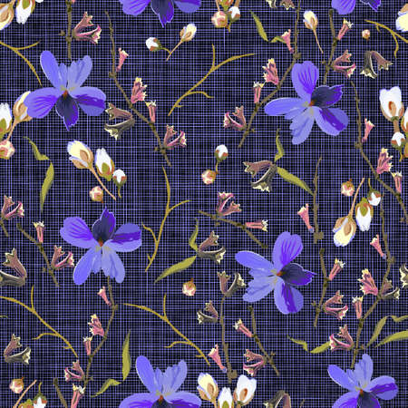 Floral abstract seamless vector isolated pattern. Trendy organic art style on a dark, textured background. Spring, summer field plants for the design of backgrounds, textiles, wallpaper, postcards, ceramics.のイラスト素材