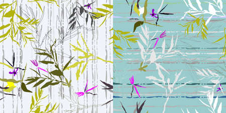 Seamless pattern with floral and abstract themes. Set of two vectors with randomly arranged branches...