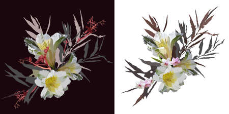 Flower bouquet with orchids and white lilies. Two Vectors with floristic composition with flowers, branches and leaves isolated on white and black backgroundのイラスト素材