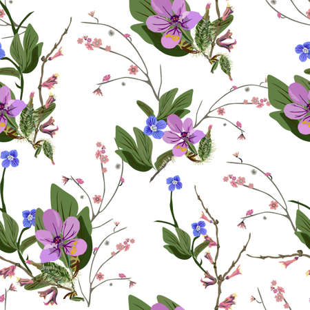 Bright floral abstract seamless vector isolated pattern. Trendy art style on a green background. Spring, summer field plants for the design of backgrounds, textiles, wallpaper, postcards, ceramicsのイラスト素材