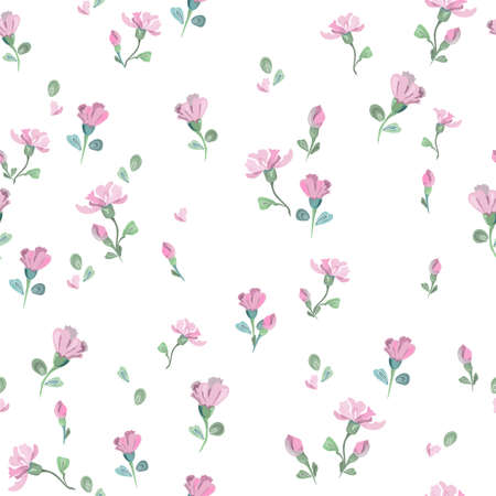 Delicate romantic pattern with little pink flowers and buds on a white background. Seamless vector with floral elements arranged randomly. For textile, wallpaper, tileのイラスト素材