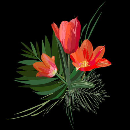 Floral vector isolated single bouquet of palm tropical leaves and tulips. Trendy art style on a black background. Spring, summer, bright and seasonal plants for decoration of backgrounds, textiles, wallpaper, cards, ceramicsのイラスト素材