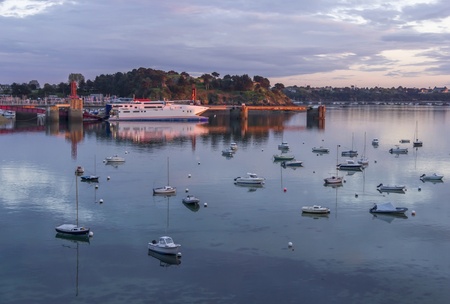 Pink sunset in port marina, Northern France seacostの写真素材