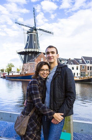 Young couple in Dutch town of Haarlem, the Netherlandsの写真素材