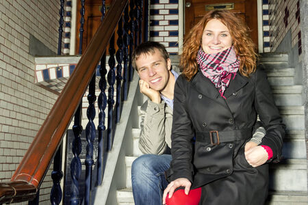 Outdoor happy couple in love,autumn Amsterdam の写真素材