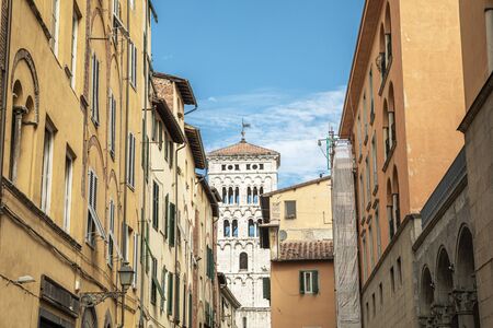 View on the Chiesa di San Michele in Foro. Roman Catholic basilica church in Lucca, Tuscany, central Italy, built over the ancient Roman forumの写真素材
