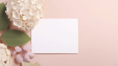 White hydrangea flowers and blank paper card on pink backgroundの写真素材