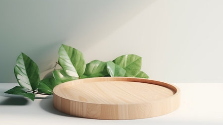 Wooden round podium with green leaves. Mock up, 3D Renderingの写真素材