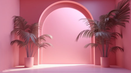 3d render of a pink room with palm trees and arch.