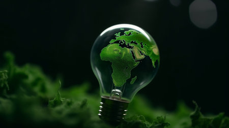 Ecology concept. Light bulb with green planet earth inside on dark backgroundの写真素材