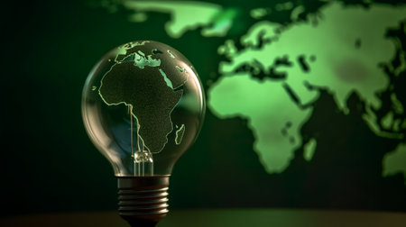 Glowing lightbulb with world map inside on dark green background