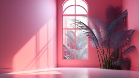 3d rendering of a pink room with a large window and palm trees