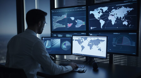 businessman working with modern computer in dark office and world map on screen