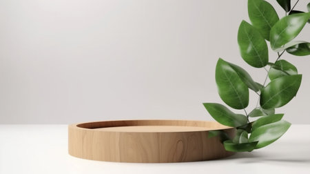 Wooden podium on white background with green leaves. 3d renderingの写真素材