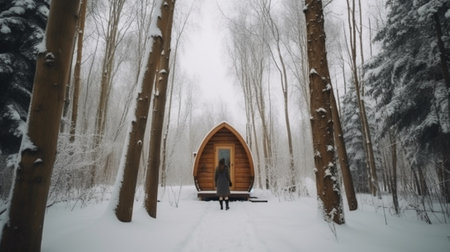 Wooden boat in the winter forest. A man stands in a wooden boat in a snowy forest.の写真素材