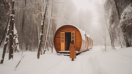 A woman in a yellow robe walks through the winter forest with a wooden house.の写真素材