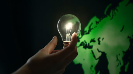 Close up of human hand holding light bulb against green map on dark background