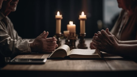 Elderly couple reading a book and praying at the table.の写真素材