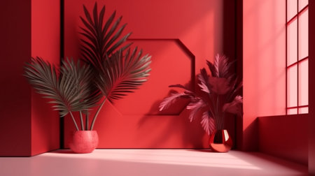 3D render of a red room with plants and a window.の写真素材