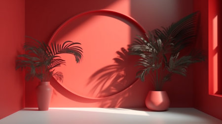 3d render of a red room with palm trees and a circleの写真素材