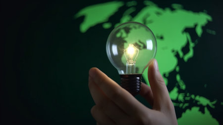 Glowing lightbulb in hand with world map on dark backgroundの写真素材