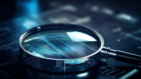 Magnifying glass on a computer background. 3d render illustration.の写真素材