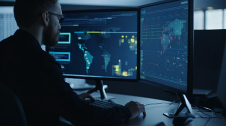 Programmer working on a computer in a dark room. Programmer at work.