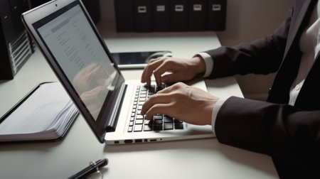 Businessman working on laptop computer in office. Close-up.の写真素材