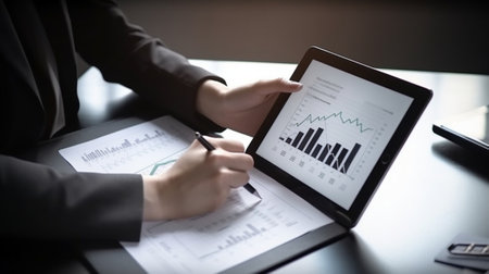 Business people discussing the charts and graphs showing the results of their successful teamworkの写真素材