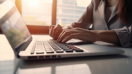 Close up of businesswoman hands typing on laptop computer keyboard in officeの写真素材
