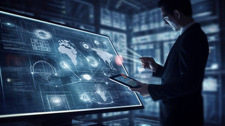 Businessman using mobile phone and virtual screen with media icons. Mixed media