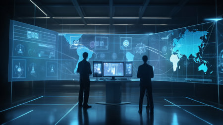 Two business men looking at hologram screen in office 3D renderingの写真素材