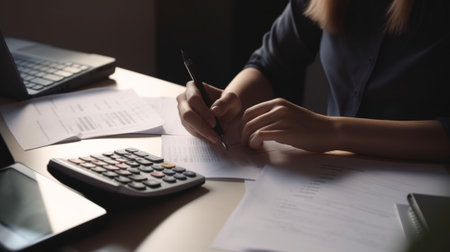 Close up of businesswoman hand working with finances about cost and calculator in officeの写真素材