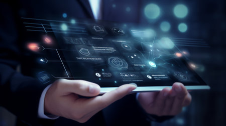 Businessman holding tablet with cloud computing concept on screen 3D rendering
