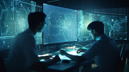 Silhouette of two business people working on computer. Mixed mediaの写真素材
